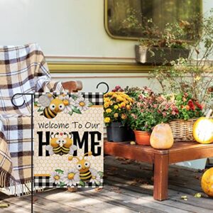 Furiaz Welcome to Our Home Bee Spring Summer Decorative Garden Flag, Daisy Yard Buffalo Plaid Check Home Outside Decorations, Flower Farmhouse Burlap Outdoor Small Decor Double Sided 12×18