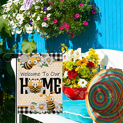 Furiaz Welcome to Our Home Bee Spring Summer Decorative Garden Flag, Daisy Yard Buffalo Plaid Check Home Outside Decorations, Flower Farmhouse Burlap Outdoor Small Decor Double Sided 12×18