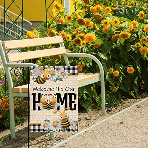 Furiaz Welcome to Our Home Bee Spring Summer Decorative Garden Flag, Daisy Yard Buffalo Plaid Check Home Outside Decorations, Flower Farmhouse Burlap Outdoor Small Decor Double Sided 12×18