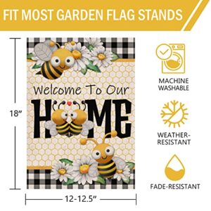 Furiaz Welcome to Our Home Bee Spring Summer Decorative Garden Flag, Daisy Yard Buffalo Plaid Check Home Outside Decorations, Flower Farmhouse Burlap Outdoor Small Decor Double Sided 12×18