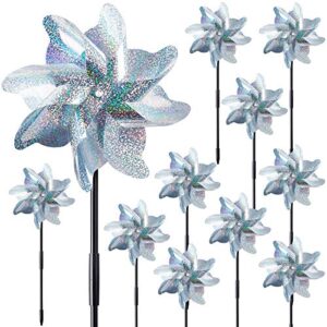 16 pcs reflective pinwheels with stakes, novwang extra sparkly pinwheels for yard and darden, garden pinwheels bulk, bird and animal deterrent device to scare birds away from patio(silver)
