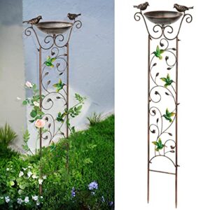 sunnypark bird bath with trellis outdoor, antique garden iron plant trellis with decorative hummingbirds detachable bird bath bowl metal potted plant support for climbing flowers