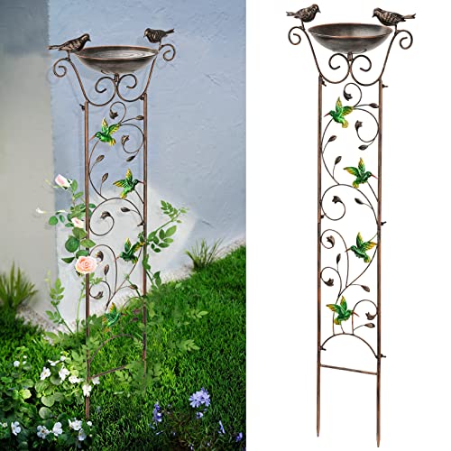 SUNNYPARK Bird Bath with Trellis Outdoor, Antique Garden Iron Plant Trellis with Decorative Hummingbirds Detachable Bird Bath Bowl Metal Potted Plant Support for Climbing Flowers