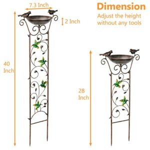 SUNNYPARK Bird Bath with Trellis Outdoor, Antique Garden Iron Plant Trellis with Decorative Hummingbirds Detachable Bird Bath Bowl Metal Potted Plant Support for Climbing Flowers