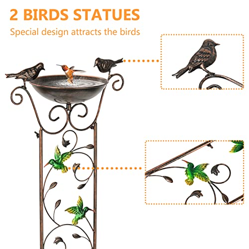 SUNNYPARK Bird Bath with Trellis Outdoor, Antique Garden Iron Plant Trellis with Decorative Hummingbirds Detachable Bird Bath Bowl Metal Potted Plant Support for Climbing Flowers