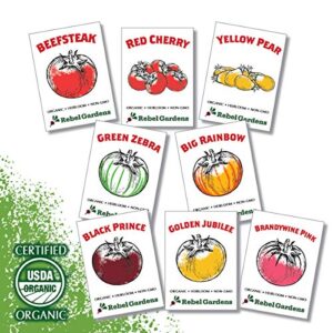 heirloom tomato seeds for planting- 8 varieties of non gmo certified organic seed indoors outdoors home garden kit – beefsteak, cherry, and more