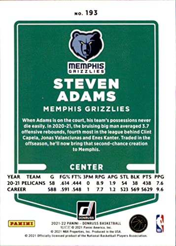 2021-22 Donruss #193 Steven Adams Memphis Grizzlies Official NBA Basketball Trading Card in Raw (NM or Better) Condition