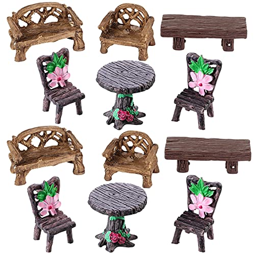 12 Pieces Fairy Garden Furniture Ornaments Miniature Table and Chairs Set Fairy Village Micro Resin Bench Chair for Dollhouse Accessories Home Micro Landscape Decoration (Cute Style)