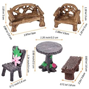 12 Pieces Fairy Garden Furniture Ornaments Miniature Table and Chairs Set Fairy Village Micro Resin Bench Chair for Dollhouse Accessories Home Micro Landscape Decoration (Cute Style)