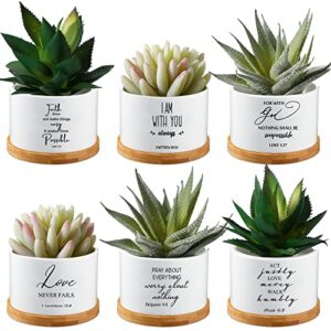 sieral 6 pieces bible verse succulent pots white ceramic flower planter pot with bamboo tray small plant pots christian mini succulent planters for patio garden, 3 x 3 x 2 inches, plants not included