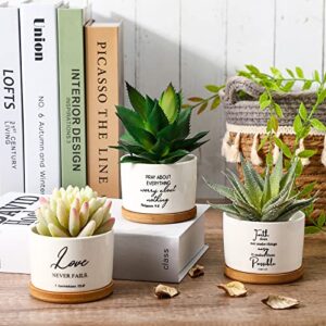Sieral 6 Pieces Bible Verse Succulent Pots White Ceramic Flower Planter Pot with Bamboo Tray Small Plant Pots Christian Mini Succulent Planters for Patio Garden, 3 x 3 x 2 Inches, Plants Not Included