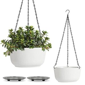 t4u hanging planter self watering 8 inch, 2 pack white indoor outdoor hanging plant pots, hanging flower pot with drainage hole & plug & chain with 3 hooks for garden home decor