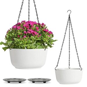 T4U Hanging Planter Self Watering 8 Inch, 2 Pack White Indoor Outdoor Hanging Plant pots, Hanging Flower Pot with Drainage Hole & Plug & Chain with 3 Hooks for Garden Home Decor