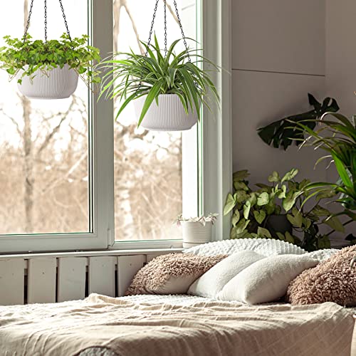 T4U Hanging Planter Self Watering 8 Inch, 2 Pack White Indoor Outdoor Hanging Plant pots, Hanging Flower Pot with Drainage Hole & Plug & Chain with 3 Hooks for Garden Home Decor