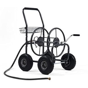 laurel canyon garden hose reel cart, heavy duty hose reel cart with 4 wheels, storage basket design, 6′ 5/8″ leader hose include, holds 250-feet of 5/8″ hose capacity for garden & yard, black