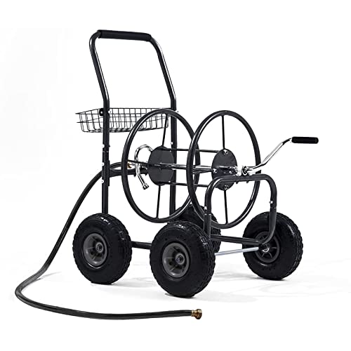 LAUREL CANYON Garden Hose Reel Cart, Heavy Duty Hose Reel Cart with 4 Wheels, Storage Basket Design, 6' 5/8" leader hose include, Holds 250-Feet of 5/8" Hose Capacity for Garden & Yard, Black