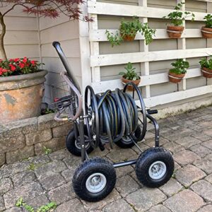 LAUREL CANYON Garden Hose Reel Cart, Heavy Duty Hose Reel Cart with 4 Wheels, Storage Basket Design, 6' 5/8" leader hose include, Holds 250-Feet of 5/8" Hose Capacity for Garden & Yard, Black