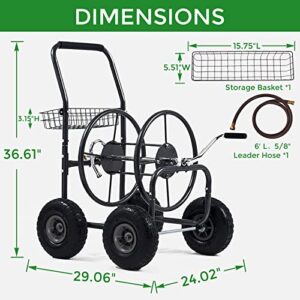 LAUREL CANYON Garden Hose Reel Cart, Heavy Duty Hose Reel Cart with 4 Wheels, Storage Basket Design, 6' 5/8" leader hose include, Holds 250-Feet of 5/8" Hose Capacity for Garden & Yard, Black