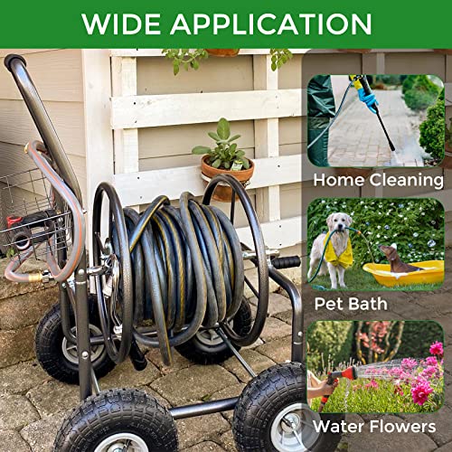 LAUREL CANYON Garden Hose Reel Cart, Heavy Duty Hose Reel Cart with 4 Wheels, Storage Basket Design, 6' 5/8" leader hose include, Holds 250-Feet of 5/8" Hose Capacity for Garden & Yard, Black