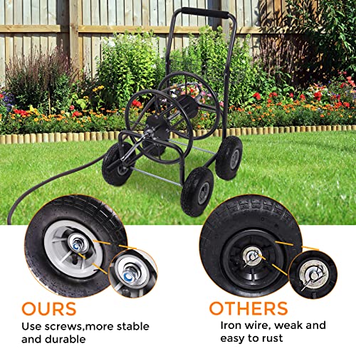 LAUREL CANYON Garden Hose Reel Cart, Heavy Duty Hose Reel Cart with 4 Wheels, Storage Basket Design, 6' 5/8" leader hose include, Holds 250-Feet of 5/8" Hose Capacity for Garden & Yard, Black