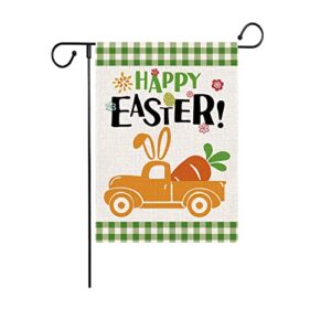 happy easter truck garden flag, spring vertical double sized burlap flag for house yard outdoor decor 12.5 x 18 inch
