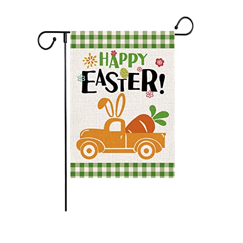 Happy Easter Truck Garden Flag, Spring Vertical Double Sized Burlap Flag for House Yard Outdoor Decor 12.5 x 18 Inch