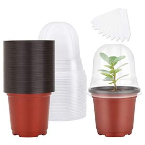 mixc plant nursery pots with humidity dome 4″ soft transparent plastic gardening pot planting containers cups planter small starter seed starting trays for seedling with 10pcs plant labels，30 sets