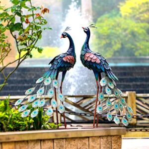 chisheen garden decor outdoor statues, metal peacock decor for outside, garden art sculptures standing for patio yard lawn home decorations, set of 2