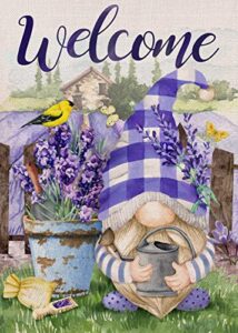 furiaz welcome spring gnome lavender small decorative garden flag, goldfinch bird yard flower purple buffalo plaid check home outside decoration, summer farmhouse outdoor decor double sided 12×18