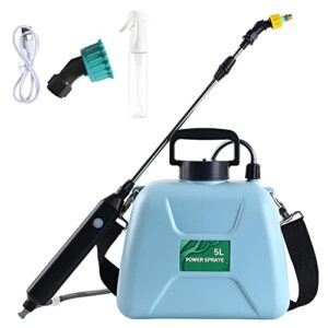 1.35 gallon/5l battery powered sprayer with 160ml high-pressure continuous garden sprayer, electric sprayer with usb rechargeable handle, 2 mist nozzles and adjustable shoulder strap(blue