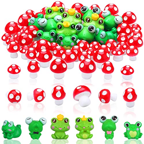 62 Pieces Mini Mushrooms and Frogs Miniature Figurines Fairy Garden Animals Model Tiny Mushrooms Frogs Ornaments Miniature Decor Statue DIY Craft for Home Party Supplie(Red)