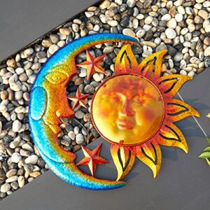 NewVees Metal Sun Outdoor Wall Art Decor Large 18 Inch with Moon & Stars, Hanging for Indoor Outdoor Patio Garden Fence Deck Yard Pool Wall Sculpture Decoration for Living Room Bedroom Colorful