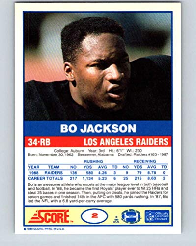 1989 Score #2 Bo Jackson Los Angeles Raiders NFL Football Card NM-MT