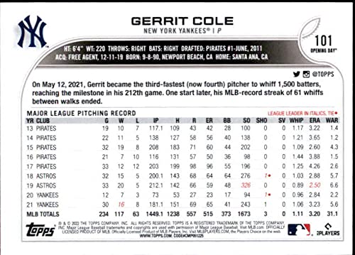 2022 Topps Opening Day #101 Gerrit Cole New York Yankees MLB Baseball Trading Card