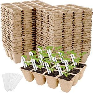 jucoan 40 pack peat pots seed starter trays, 480 cells germination seedling pots, organic biodegradable plant germination tray with 40 plant labels for vegetable flower, herbs, indoor outdoor garden