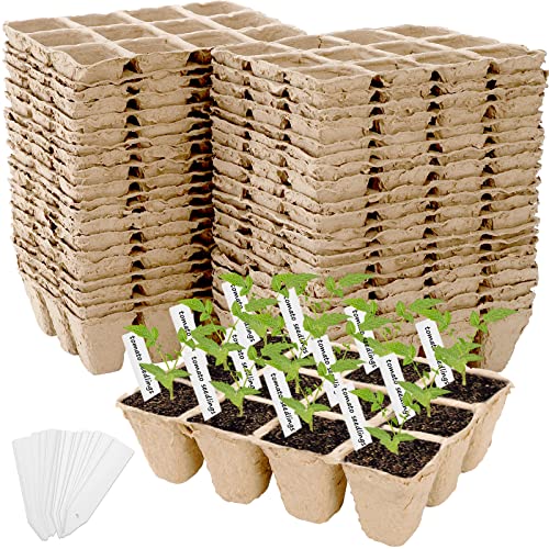 Jucoan 40 Pack Peat Pots Seed Starter Trays, 480 Cells Germination Seedling Pots, Organic Biodegradable Plant Germination Tray with 40 Plant Labels for Vegetable Flower, Herbs, Indoor Outdoor Garden