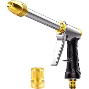 upgrade water hose nozzle long rod garden hose nozzle heavy duty metal brass sprayer 360° rotaing spray gun for car wash, plants and lawn,patio gardening, pets shower hose nozzle + quick connector