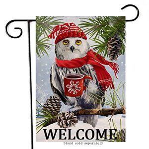 artofy welcome winter owl coffee pinecones home decorative garden flag snow, pine trees branches house yard outside decor, christmas snowflakes farmhouse outdoor small decoration double sided 12 x 18