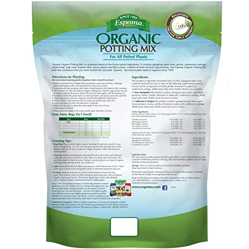 Espoma Organic Potting Soil Mix - All Natural Potting Mix For All Indoor & Outdoor Containers Including Herbs & Vegetables. For Organic Gardening, 4qt. bag. Pack of 1