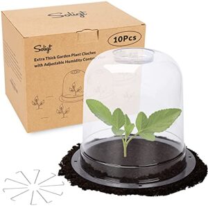 SOLIGT Garden Cloche, 10 Set Thick Plant Bell Clochoes Plastic Humidity Domes with Clear Vent & 40 Securing Pegs (7.88" D x 6.89" H) for Seed Starting and Plant Cover Protector