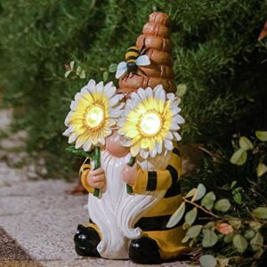 la jolie muse garden gnome statue – 11.7” resin bee gnome figurine holding sun flowers with solar led lights for outdoor indoor decoration for patio yard lawn porch, ornament