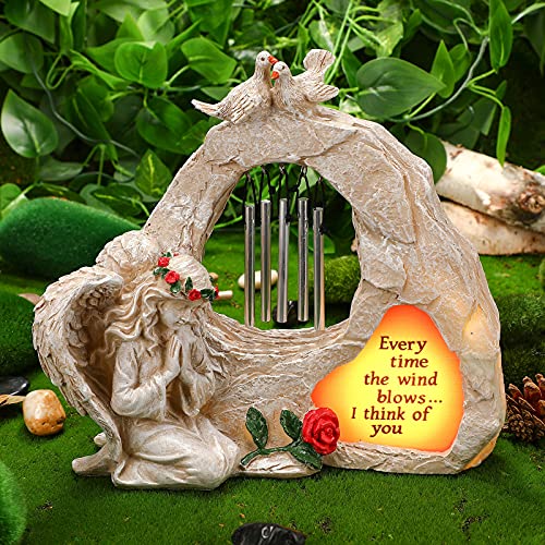 Praying Solar Angel Statue Sympathy Gift,Cementary Decoration Garden Angel Memorial Wind Chime Statue Cementary Sympathy Gift Solar Angel Resin Figurines Light for Home Decoration (Elegant Style)