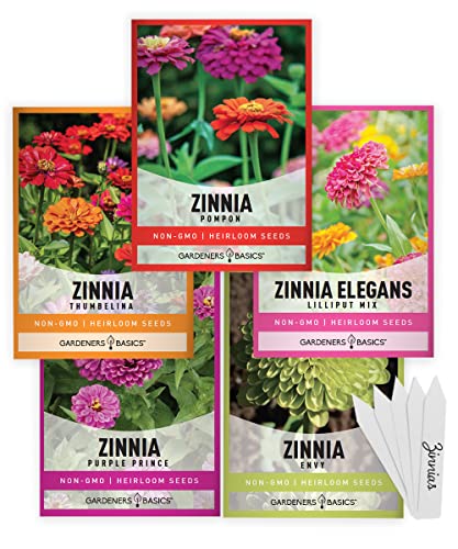 Zinnia Seeds for Planting Outdoors Flower Seeds (5 Variety Pack) Thumbelina, Lilliput, Envy, Purple Prince and Pompon Varieties for Butterflies, Bees, Pollinators Wildflower Seed by Gardeners Basics