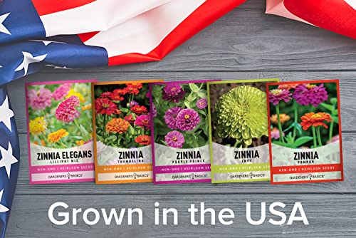 Zinnia Seeds for Planting Outdoors Flower Seeds (5 Variety Pack) Thumbelina, Lilliput, Envy, Purple Prince and Pompon Varieties for Butterflies, Bees, Pollinators Wildflower Seed by Gardeners Basics