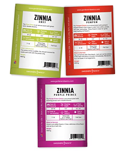 Zinnia Seeds for Planting Outdoors Flower Seeds (5 Variety Pack) Thumbelina, Lilliput, Envy, Purple Prince and Pompon Varieties for Butterflies, Bees, Pollinators Wildflower Seed by Gardeners Basics