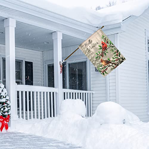 HOSCAPE Winter Cardinal Bird Garden Flag12x18 Inch, Vertical Double Sided Hello Winter Garden Flag, Red Bird Holly Berry Branches Snow Holiday Outside Decorations Burlap Yard Flag Banners