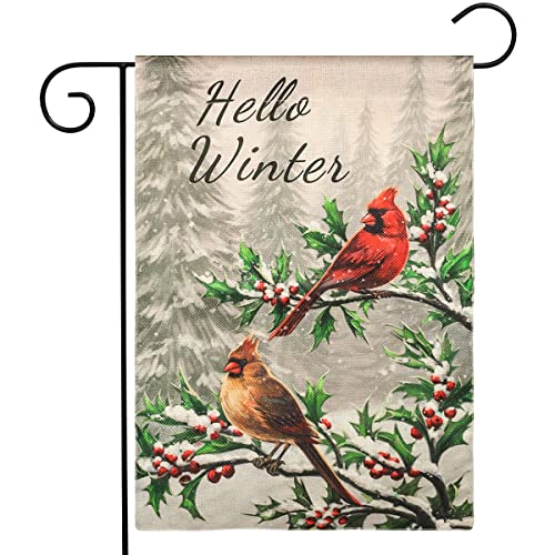 HOSCAPE Winter Cardinal Bird Garden Flag12x18 Inch, Vertical Double Sided Hello Winter Garden Flag, Red Bird Holly Berry Branches Snow Holiday Outside Decorations Burlap Yard Flag Banners