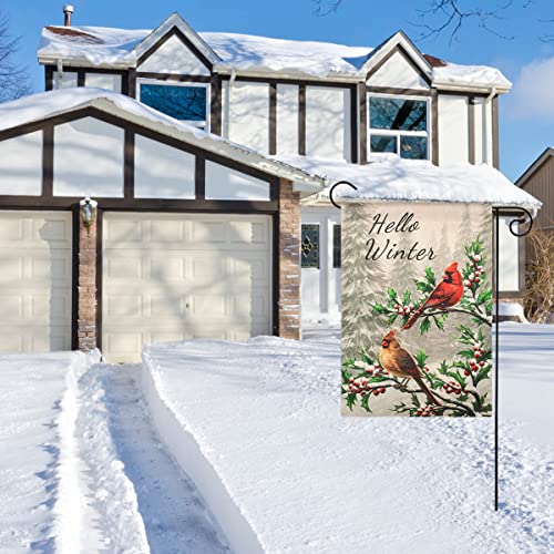 HOSCAPE Winter Cardinal Bird Garden Flag12x18 Inch, Vertical Double Sided Hello Winter Garden Flag, Red Bird Holly Berry Branches Snow Holiday Outside Decorations Burlap Yard Flag Banners