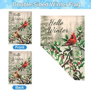 HOSCAPE Winter Cardinal Bird Garden Flag12x18 Inch, Vertical Double Sided Hello Winter Garden Flag, Red Bird Holly Berry Branches Snow Holiday Outside Decorations Burlap Yard Flag Banners