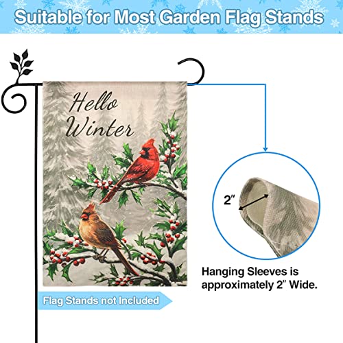 HOSCAPE Winter Cardinal Bird Garden Flag12x18 Inch, Vertical Double Sided Hello Winter Garden Flag, Red Bird Holly Berry Branches Snow Holiday Outside Decorations Burlap Yard Flag Banners